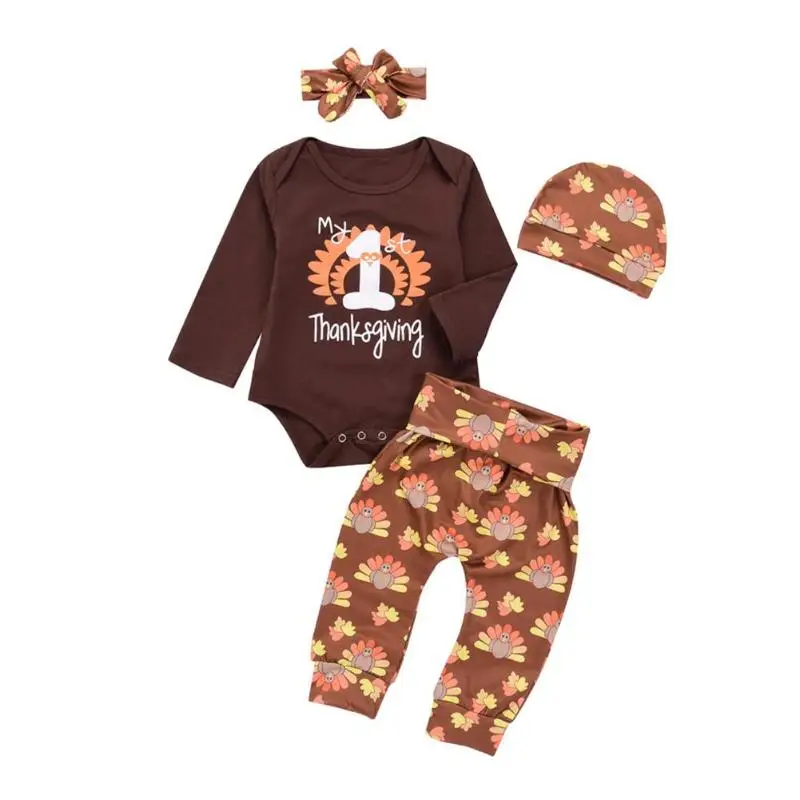 

4pcs/Set Autumn Thanksgiving Baby Clothes Cute Rompers Pants Headband Hat