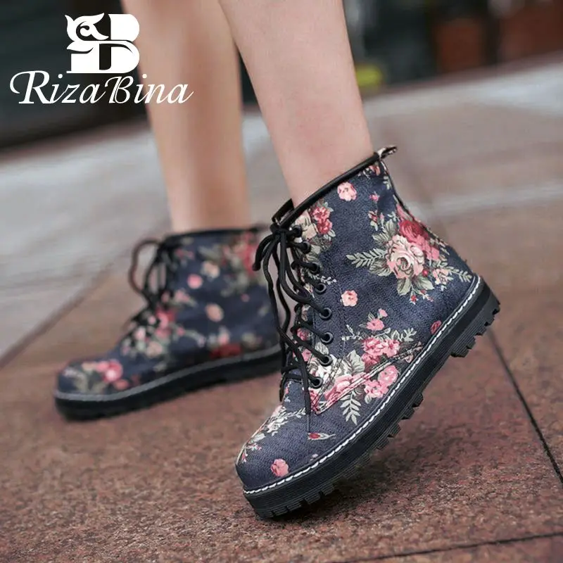 

RizaBina Size 34-43 Women Flats Boots Round Toe Lace Up Print Ankle Boots Vintage Fashion Shoes Female Footwear