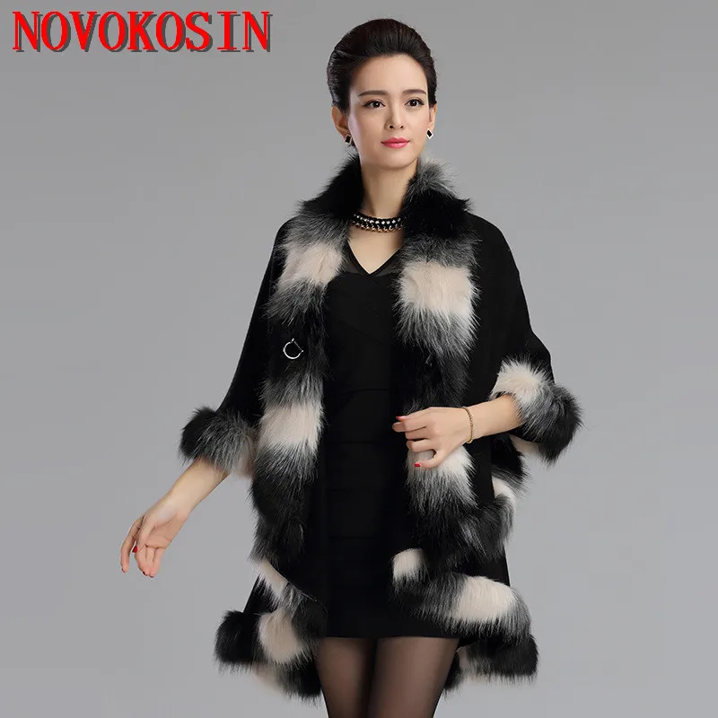 

SC154 2018 Winter Warm Hanging Fake Fox Fur Long Knitted 2 Layers Pashmina Cape Hit Color Sweater Women European Cardigan Coat