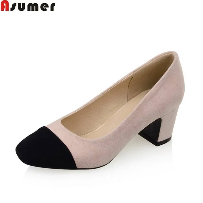 

ASUMER women pumps square heels large size 32-43 round toe pu lady shoes nubuck leather slip-on mixed color lady shoe