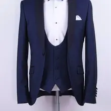 Итальянский стиль темно-синий смокинги для жениха черные лацкан мужские свадебные костюмы для выпускного вечера 3 шт шафер Жених костюм Терно