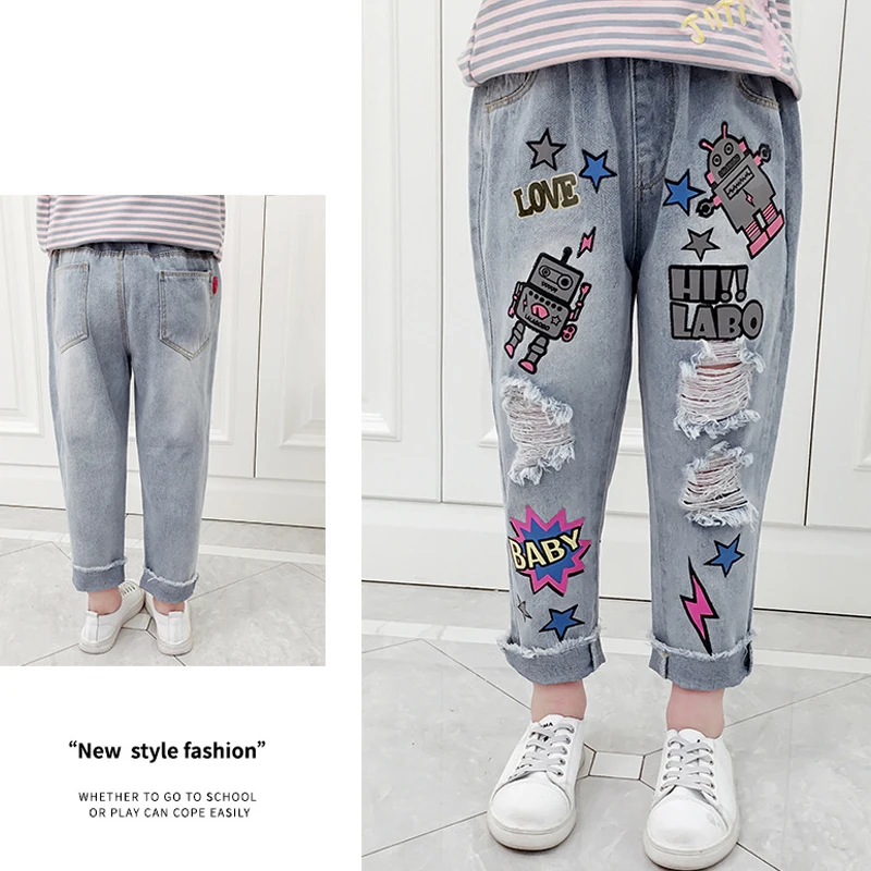 Новые модные повседневные джинсы для девочек детские штаны с принтом «граффити», джинсы для девочек, детские джинсы, джинсы macacao infantil