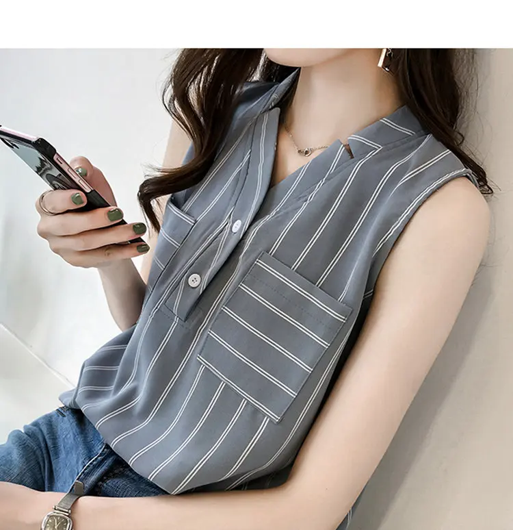 2018 Summer Womens Tops And Blouses Plus Size Striped Shirts Ladies Pocket Chiffon Blouse Casual Sleeveless Blusas Mujer M-4XL (3)