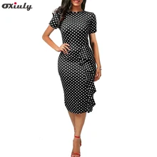 Oxiuly Plus Size 3XL 4XL Women Vintage Polka Dot Print Short Sleeve O-Neck Stretchy Knee-Length Ruffle Bodycon Slim Party Dress mesh insert polka dot knee length bodycon dress