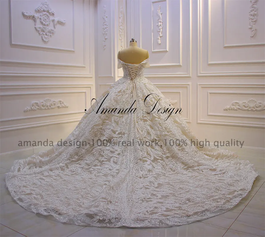 Аманда дизайн vestido de noiva princesa с открытыми плечами Блестящий лодочка шеи Кружева Шампанское свадебное платье