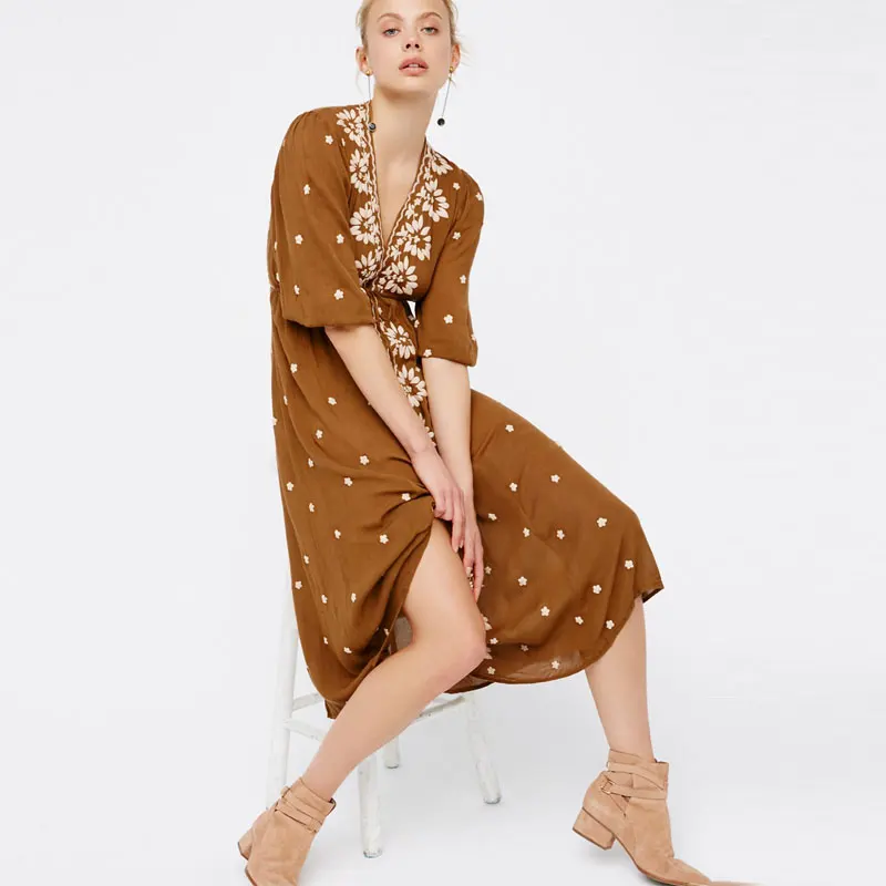 

Embroidered Fable Dress Deep V Neck Half Sleeve High Waist Cotton Vestidos Maxi Hippie Holiday Beach Long Dress Party Dress Lady