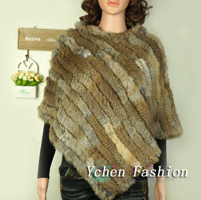YC Fur теплые зимние шали пончо для женщин ручной вязки из натурального кроличьего меха пончо женские шарфы шали с меховым воротником - Цвет: Natural Brown