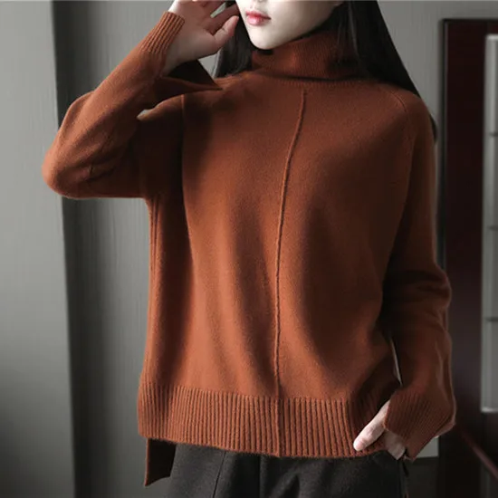 100%goat cashmere knit women pullover sweater front long back short high collar loose languid casual caramel 6color S/M/L | Женская
