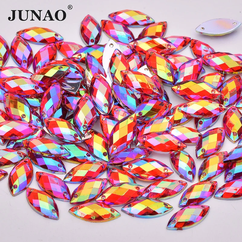 

JUNAO 7*15mm Sew On Red AB Crystals Horse Eye Rhinestones Flat Back Acrylic Gems Sewing Crystal Stones Appliques for Needlework