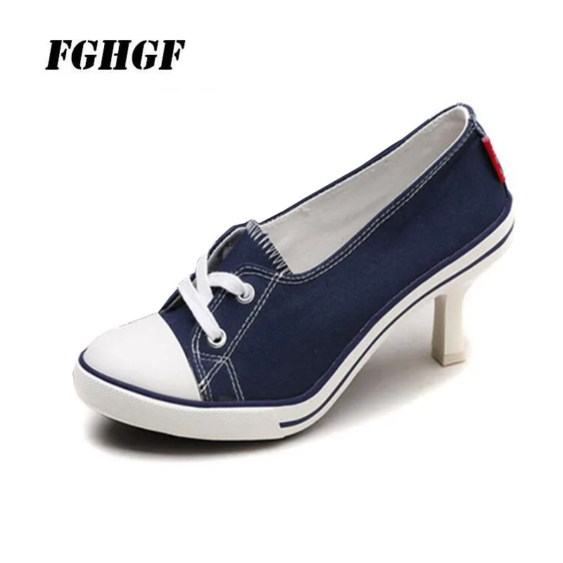 Black high-heel canvas women's shoes blue high-heeled shoes shallow lace-up breathable casual fashion versatile single shoes