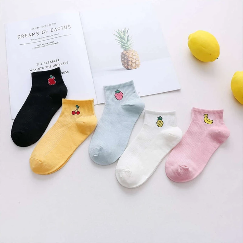 

5 Pairs Women Girls Boat Ankle Socks Low Cut Fruit Embroidery Summer Casual Candy Sock