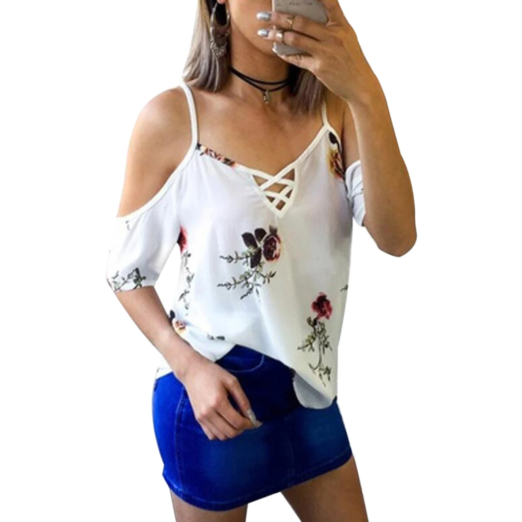 

2018 Elegant Womens Ladies Short Sleeve Cold Shoulder Tops Blouse Lace Up V Neck Floral Printed Shirts Sexy Summer Blusas Mujer