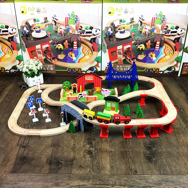 

Hot Selling 82 Pcs Wooden Train Track Set Beech Rail Diecast Car Track Assembled Model Building Blocks Puzzle Toy for Children