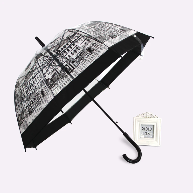 PALONY-Transparent Long-Handle Umbrella for Women and Kids, Ultra Light Parasol, Semi-Automatic Female Umbrellas