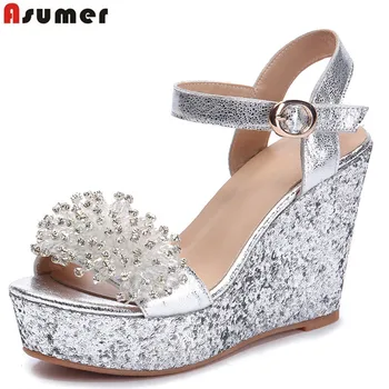 

Asumer 2020 summer shoes woman buckle elegant prom wedding shoes bling crystal platform wedges shoes genuine leather sandals
