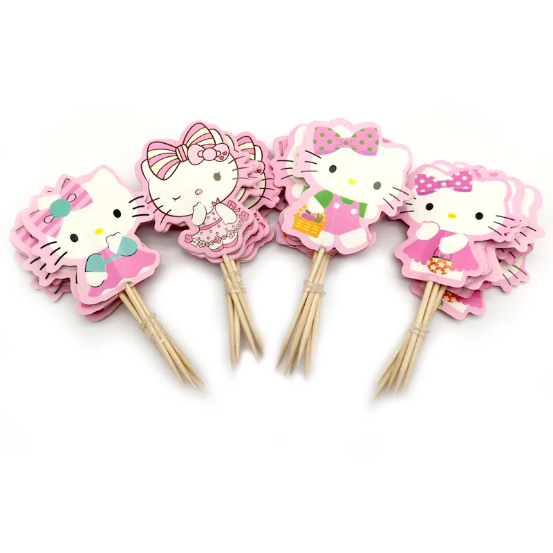 

Baby Shower Party Hello Kitty Theme Cupcake Toppers Decorations Kids Favors Happy Birthday Cake Toppers With Sticks 24PCS/lot