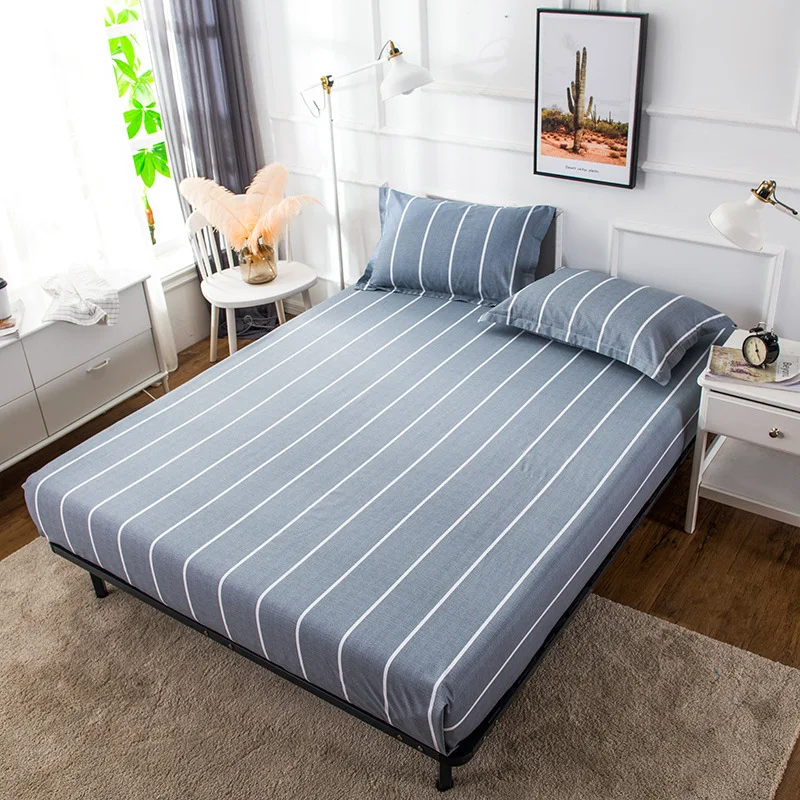 

Simple Gray Striped Plaid Fitted Sheet 1pc Cotton Bed Sheet with All-around Elastic Rubber Twin Full Queen Size Mattress Cover