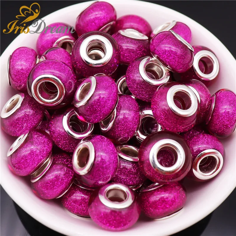 10Pcs Rondelle Glitter Round Big Hole Murano Resin Beads Spacer Fit Pandora Bracelet DIY Chain European Beads for Jewelry Making
