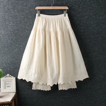 

Fake two pieces Skirt culottes elastic waist embroidery lace hollow loose skirt mori girl