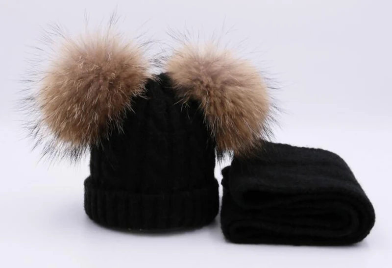 ZJBECHAHMU, натуральный Лисий мех, норка, помпоны, 15 см, Skullies Beanies, шапки для детей, для девочек, зимние шерстяные теплые шапки, шарф, новинка, Snapback шапки - Цвет: Children Black