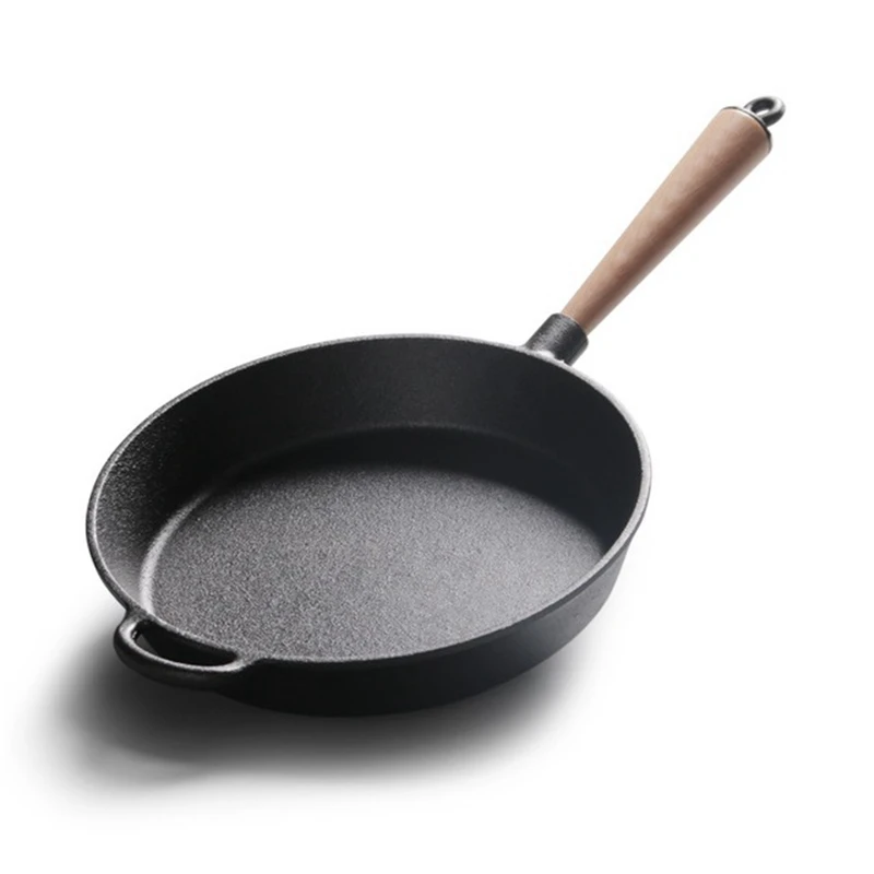 

22CM/24CM/26CM Wooden Handle Skillets Cast Iron Uncoated Omelette Steak Frying Pan Non-stick Cooking Pot Top Quality