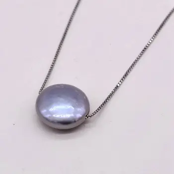 

Coin Pearl Necklace, Silver Grey Baroque Pearl, 13-14mm, 925 Sterling Silver Pendant, Women's Necklace