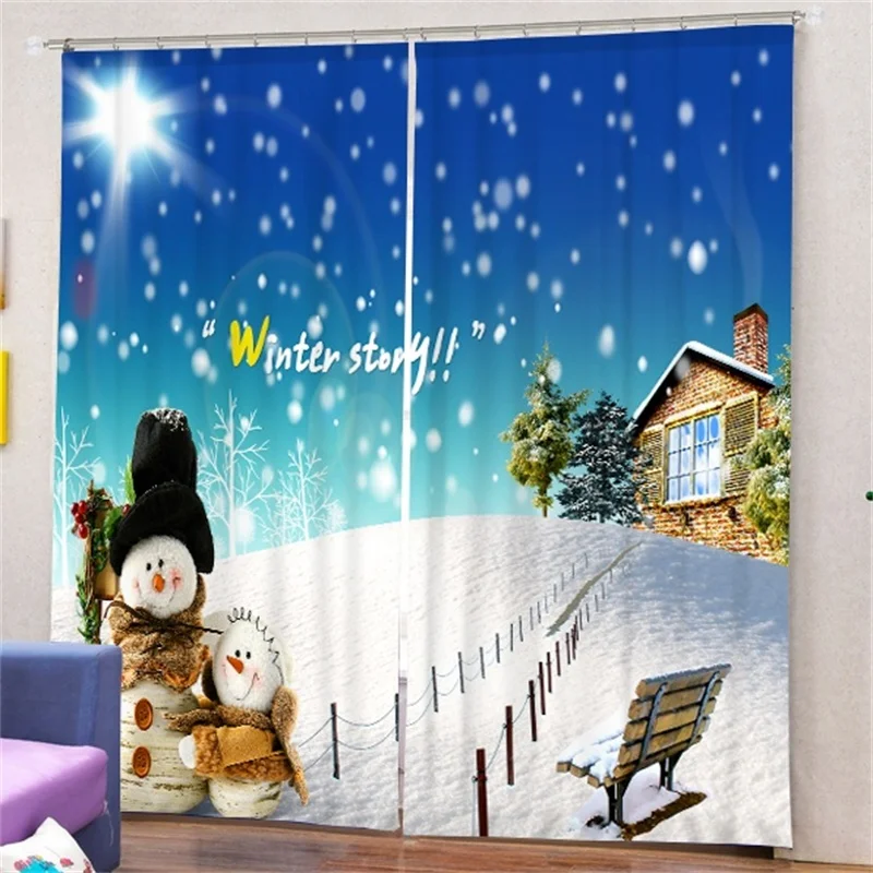 Snowflake Snowman Print Christmas Decor Curtains Living Room