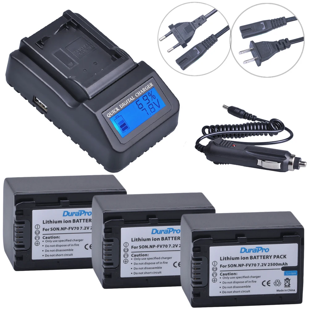 

3pcs 2500mAh NP-FV70 NP FV70 NPFV70 battery + LCD Quick Charger for Sony NP-FV50 FV30 HDR-CX230 HDR-CX150E HDR-CX170 CX300