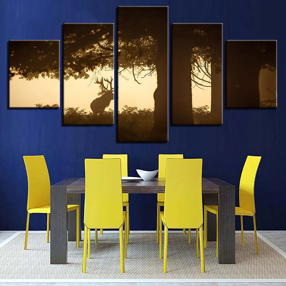 Canvas Paintings Framework HD Prints Wall Art 5 Pieces Deer Under The Big Tree Pictures Sunset Animal Bucks Posters Home Decor | Дом и сад