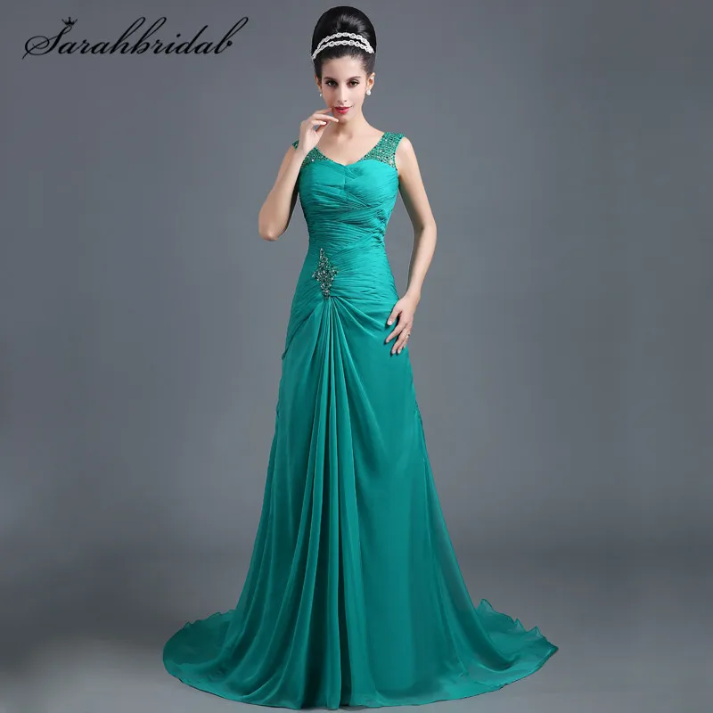 

Cheap Long Evening Dress With Sexy V-Neck Tank Floor Length Green Chiffon Pleat Party Prom Gowns Hot Sale SD297