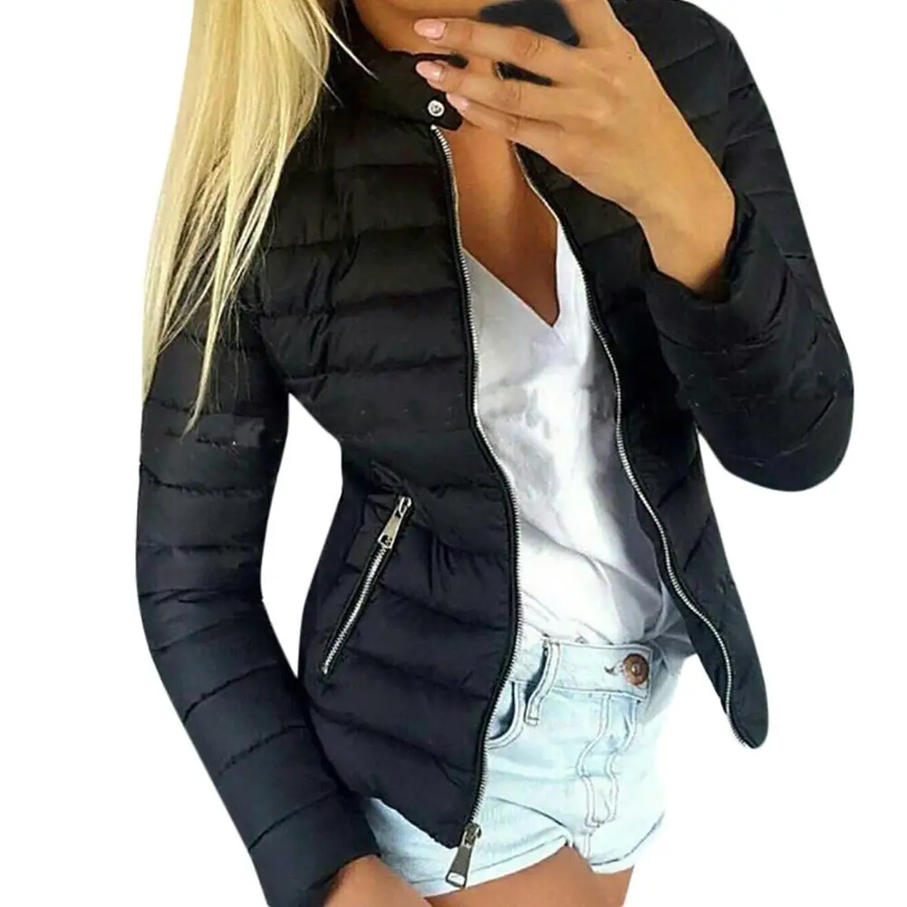 

Winter Stand Collar Long Sleeve Wadded Jacket Solid Color Women Zip Up Coat