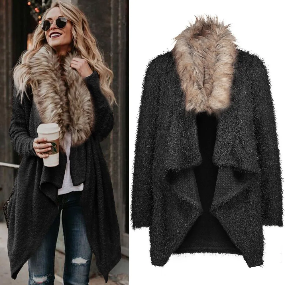

2019 Fashion Autumn Cardigan Plush Jacket Women Long-Sleeve Faux Fur Overcoat Female Soft Fur Collar Jacket Plus Size 2XL
