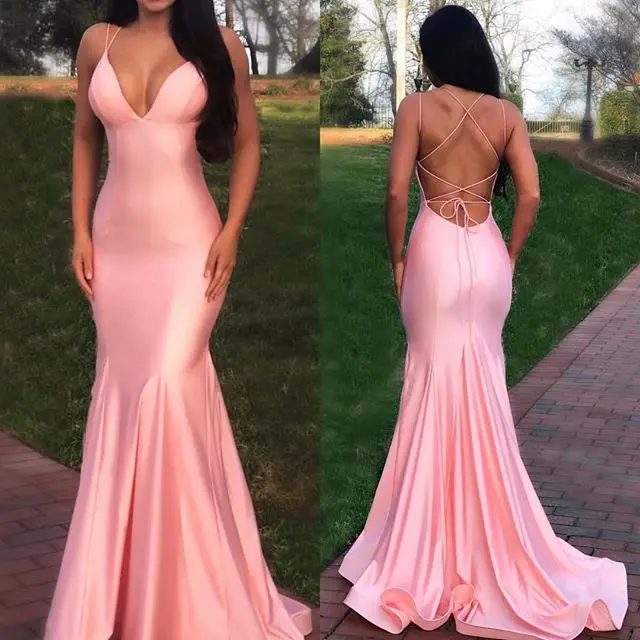 Sexy Deep V Neck Pink Mermaid Evening Dresses Long 2019 Backless Satin Evening Gown Formal Prom Dress Party Gown