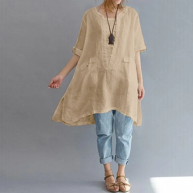 Prix 2018 Summer ZANZEA Femmes Coton Lin O Cou À Manches Courtes Partie Baggy Tops de Split Hem Solide Blouse Irrégulière Ourlet Chemise plus la Taille