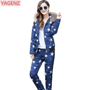 

YAGENZ Womens Cotton Suite Winter Women Clothing Keep Warm Printing Camouflage 2 Piece Set Fur collar Hooded Tops+Long Pants 578