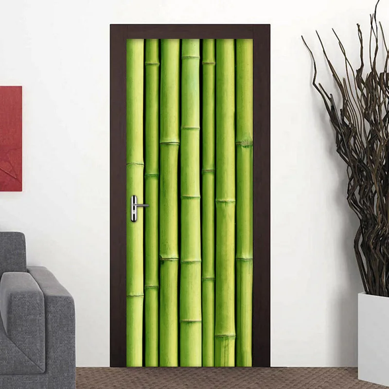 

2Pcs/set 3D PVC Self-adhesive Removable Door Sticker Green Bamboo Photo Wallpaper For Living Room Bedroom Door Mural Wall Decals