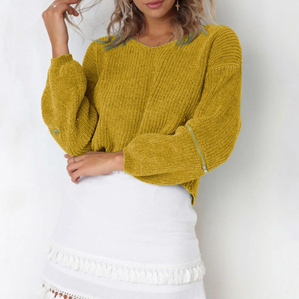 Женские вязаный свитер Одноцветный свободные v-образный вырез с длинным рукавом молния Трикотаж пуловер теплый мягкий модный женский