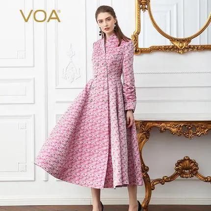 VOA розовое длинное шелковое платье с высокой талией для подиума, тонкое толстое женское платье размера плюс, туника, Тренч, платье с двойными кристаллами, одежда A108 - Цвет: Розовый