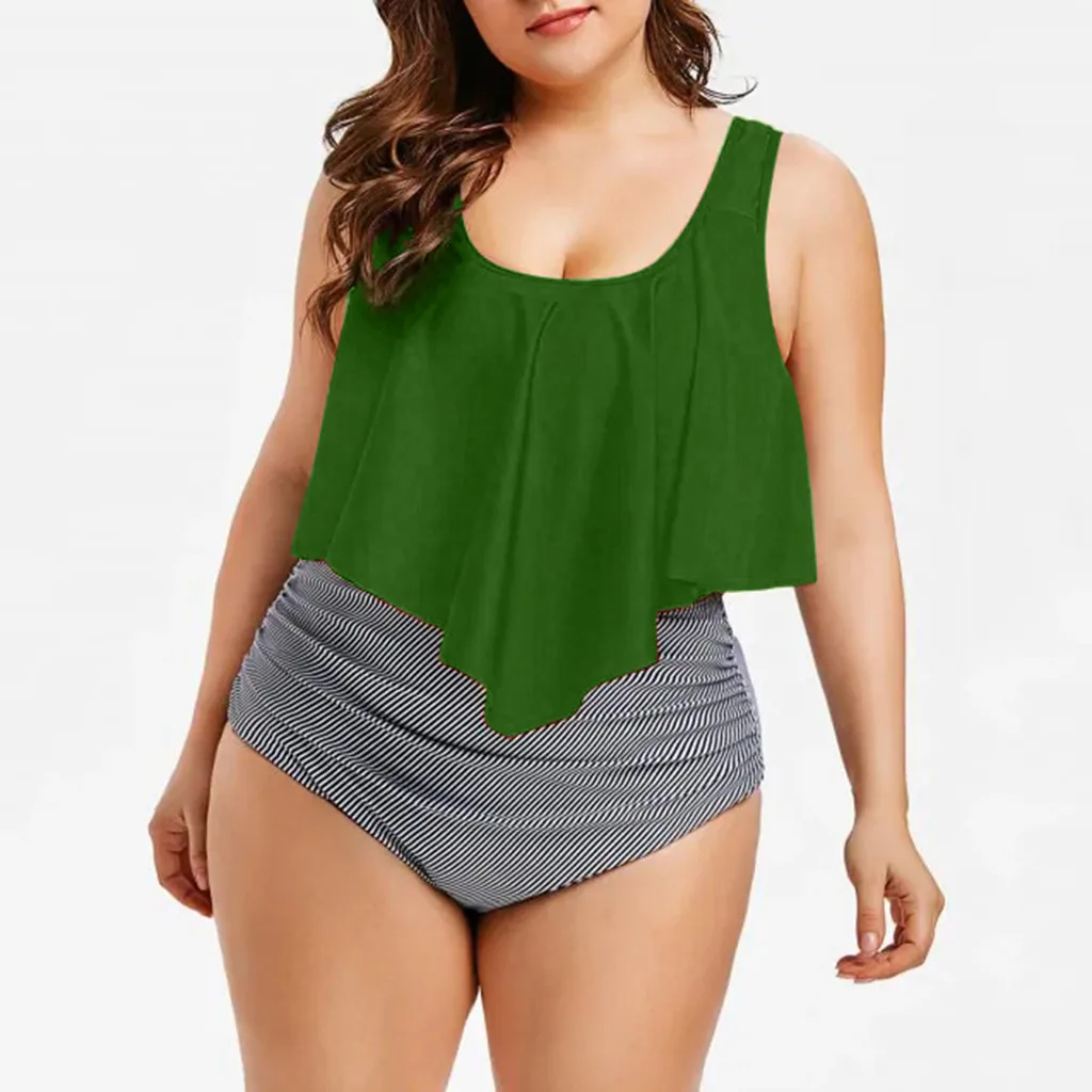 CHAMSGEND Горячая женская большой размер сексуальный сплошной цвет печати рюшами бикини летняя мода пляжная одежда из двух частей купальник