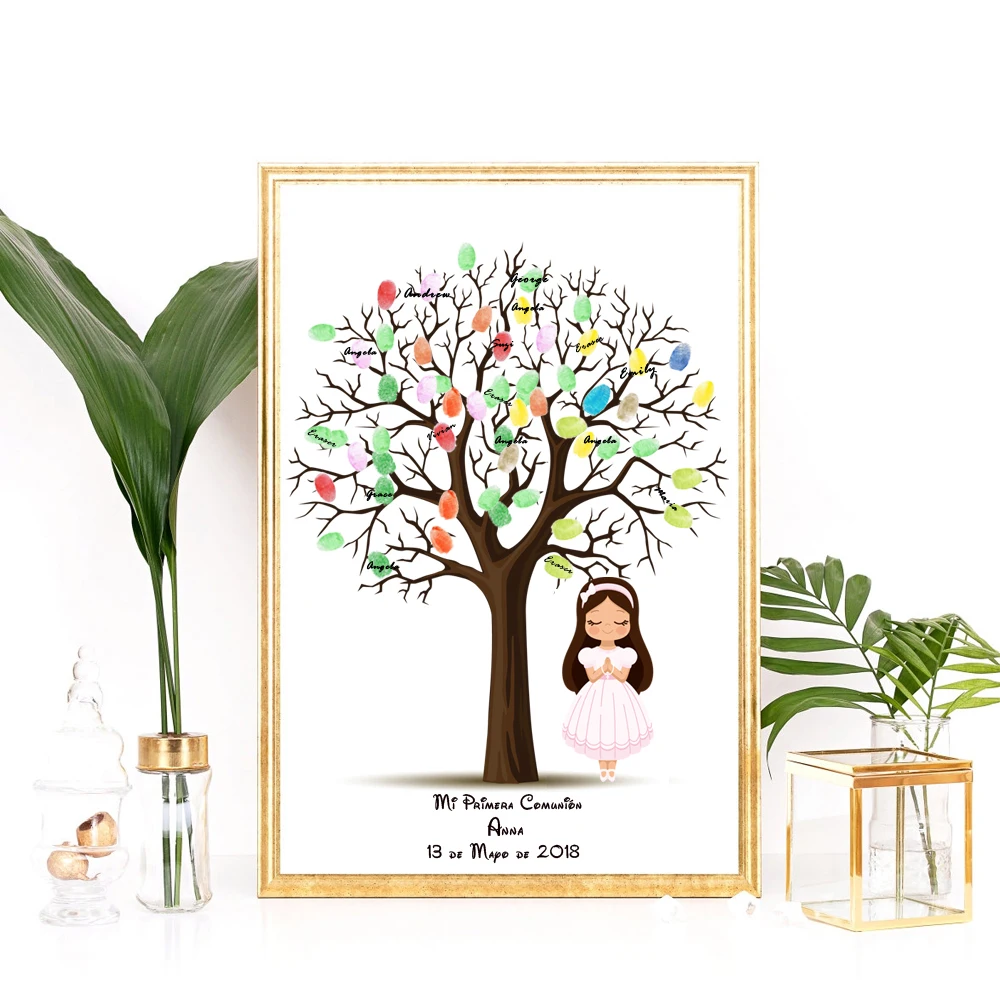 

Customize Name Date For First Communion Gift For Girl Baptism Gift Fingerprint Tree with Angel Christening Baby Shower Decor
