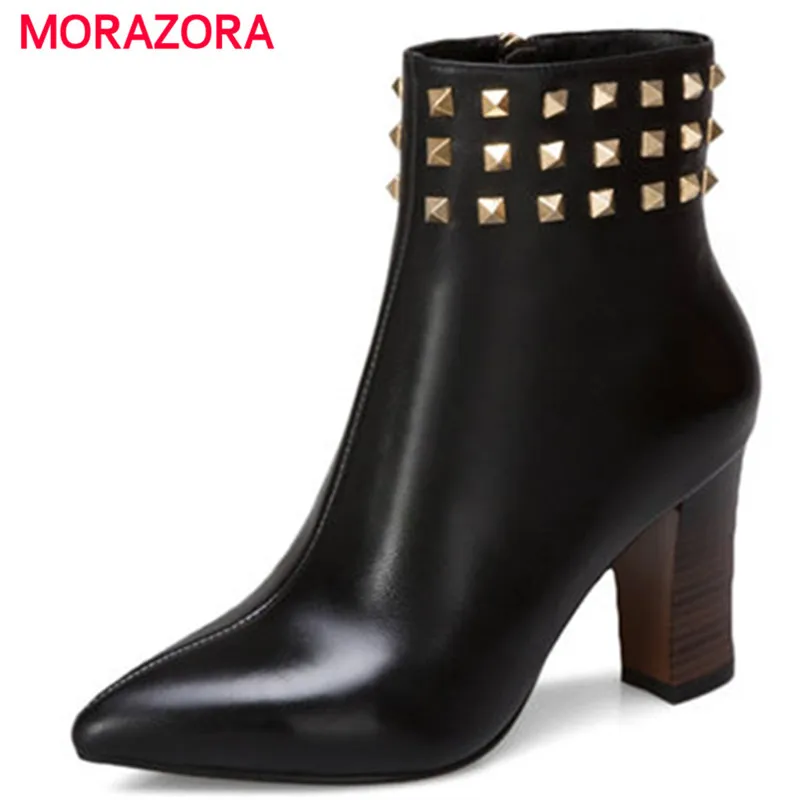 

MORAZORA 2018 new comfortable square heel genuine leather boots elegant pointed toe high heel ankle boots fashion zipper boots