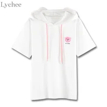 Lychee Милая Летняя женская футболка вышивка медведь Повседневная Свободная футболка с коротким рукавом и капюшоном женская футболка