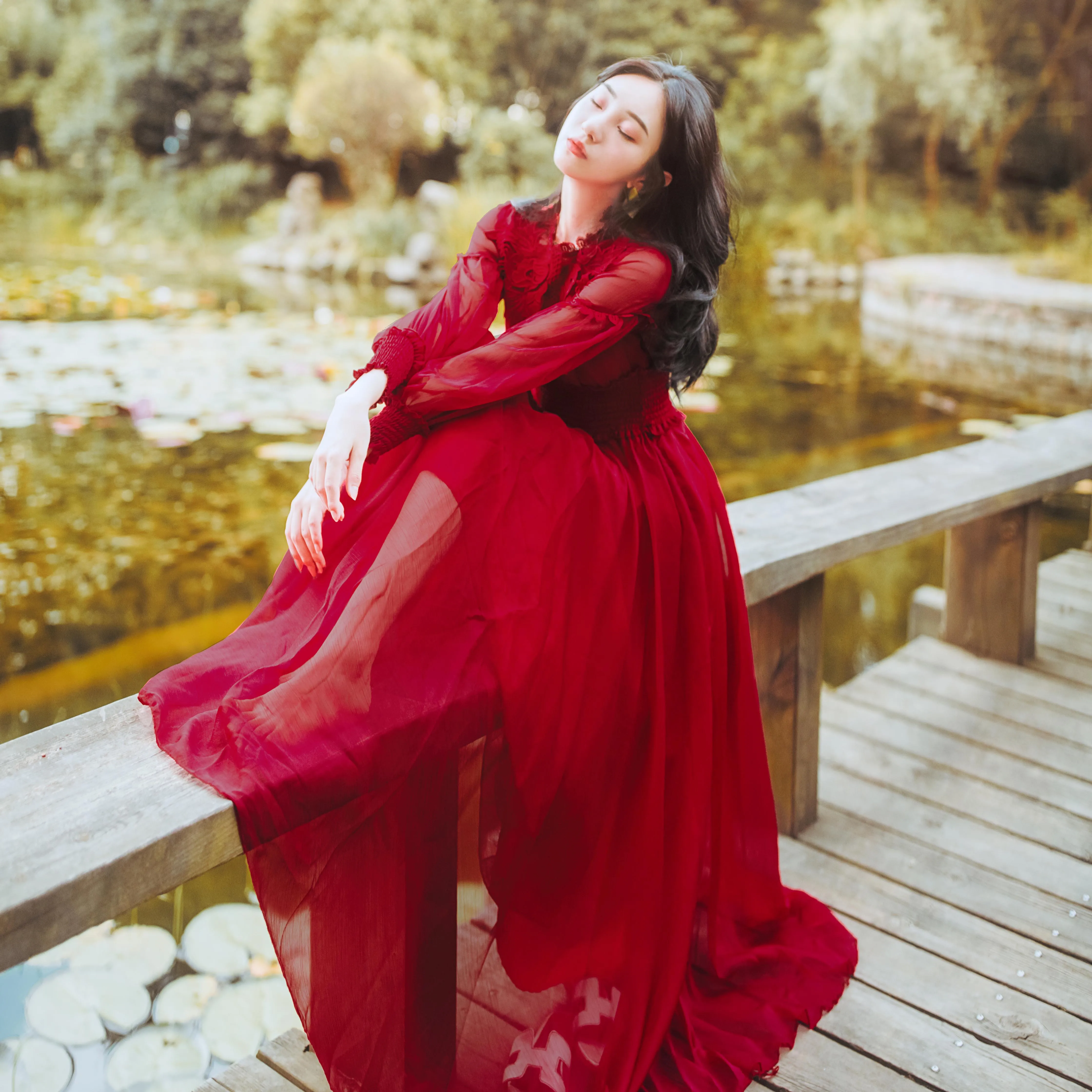 YOSIMI 2018 Autumn Chiffon Long Women Dress Red Female Vestido Stand Neck Long SLeeve Vintage Maxi Empire Dress Ankle-length