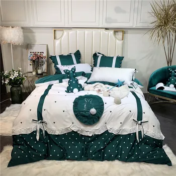 

White Green Cute Rabbit Embroidery 60S Egyptian cotton Girl Bedding Set Queen King Duvet Cover Bed sheet Bed Linen Pillowcases