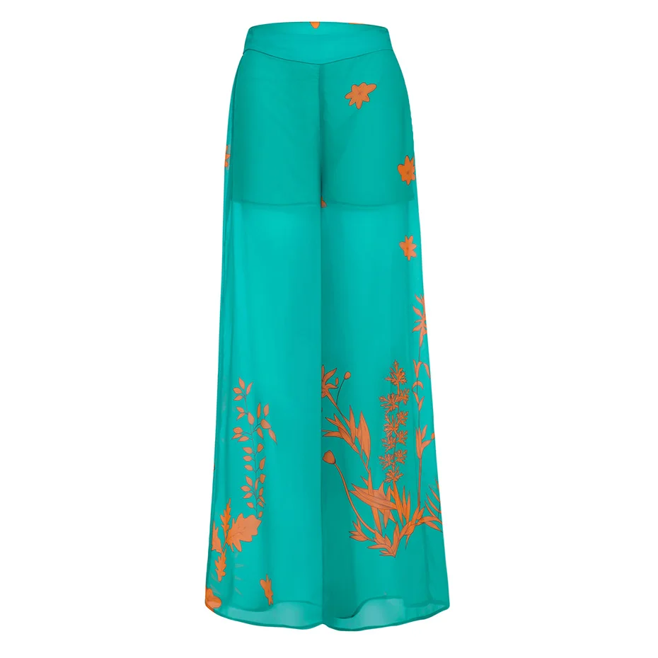 Young17 Summer Women Pants Floral Blue Casual Loose Flower Print Wide