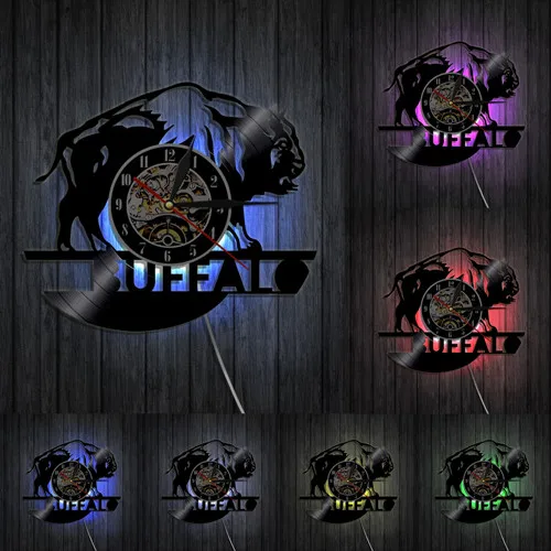 Настенные часы Buffalo Silhouette из виниловой пластинки, часы с диким животным Buffalo, светодиодный светильник, меняющий цвет, домашний декор - Цвет: LED