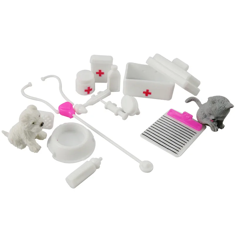 New 1 Set = 15Pcs Medical Kit Doctor/Nurse Tools Two Pets For Doll
