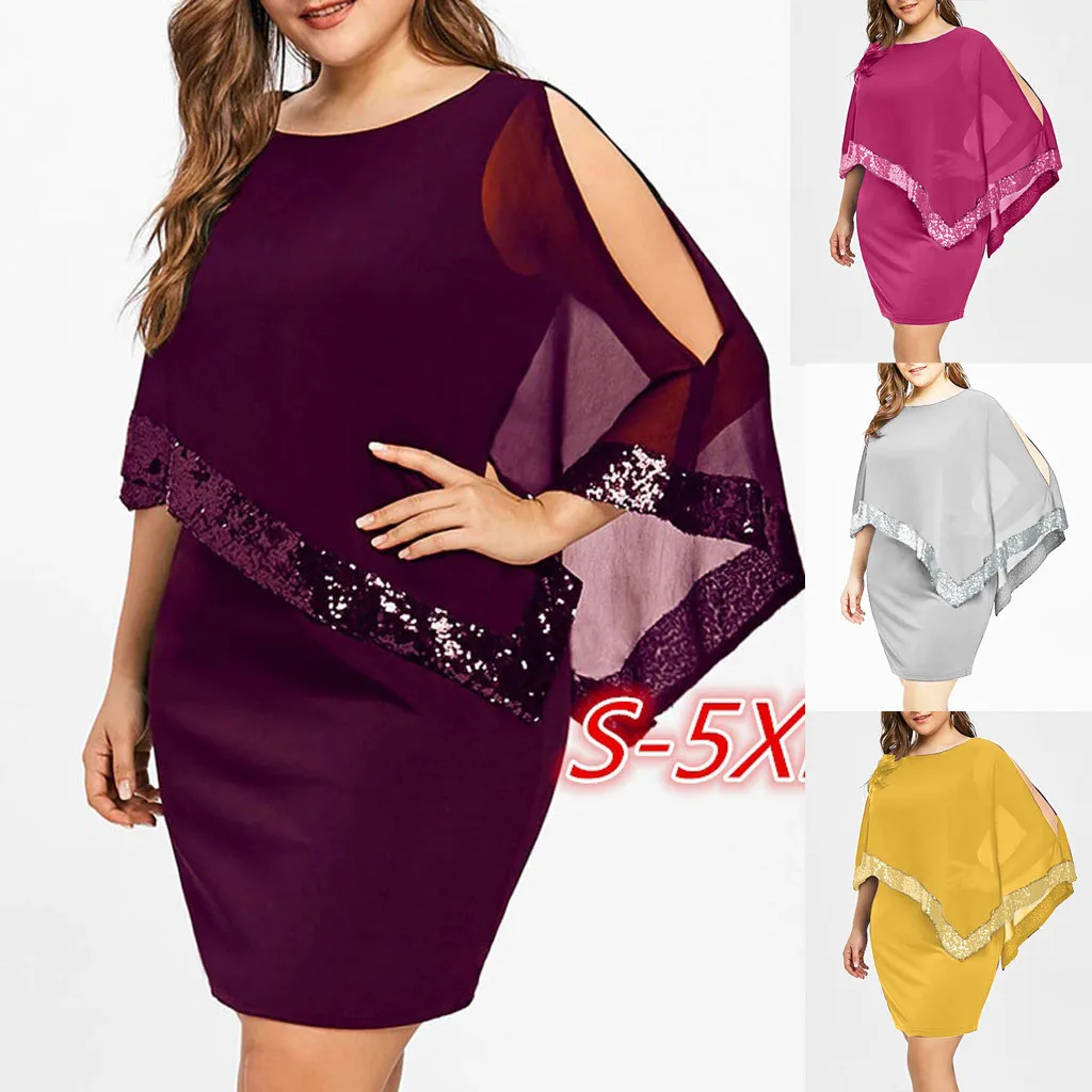 

High Quality Casual Women Plus Size XXXXXLCold Shoulder Overlay Asymmetric Chiffon Strapless Sequins Dress Travel Teenage
