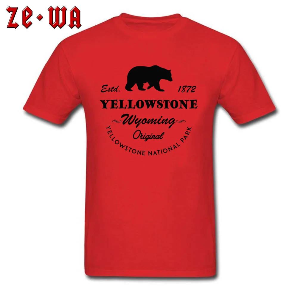 cosie 100% Cotton Fabric Tshirts for Men Short Sleeve Classic Tops T Shirt Funky Summer Round Collar T-shirts Birthday Yellowstone National Park Wyoming Original Bear red
