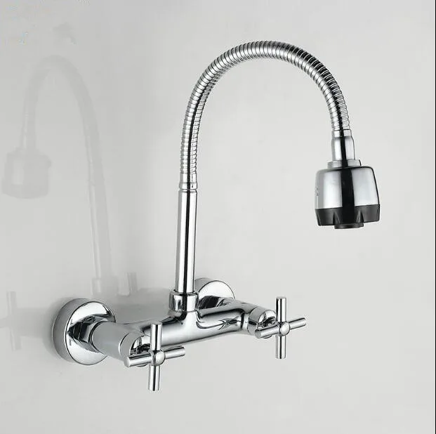 Free Shipping brass wall mounted Kitchen faucet chrome hot & cold